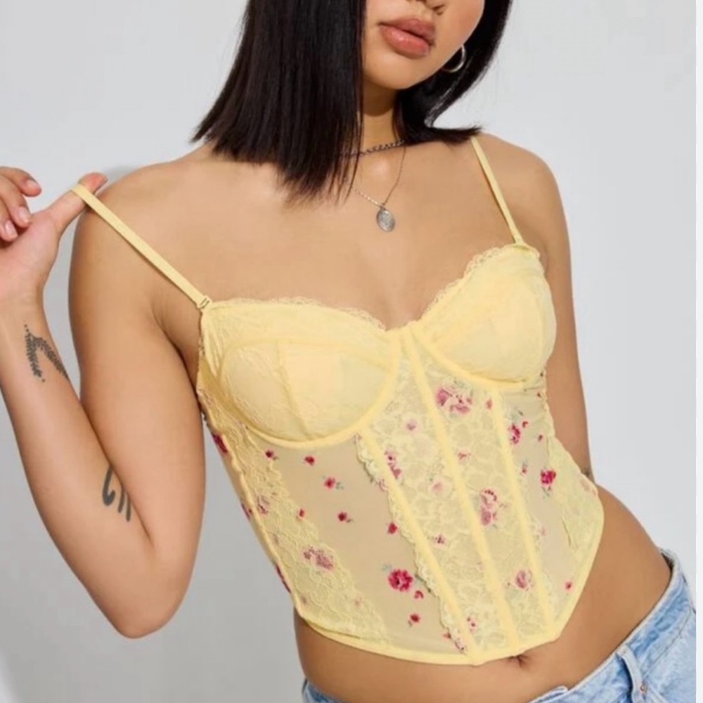 NWT Garage Yellow Pink Floral Lace Corset Top Bustier Cami Size XS Reg. $54